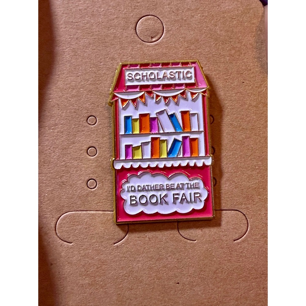 Scholastic I'd Rather Be At The Book Fair Enamel Pin Pink Gold Tone Nostalgia